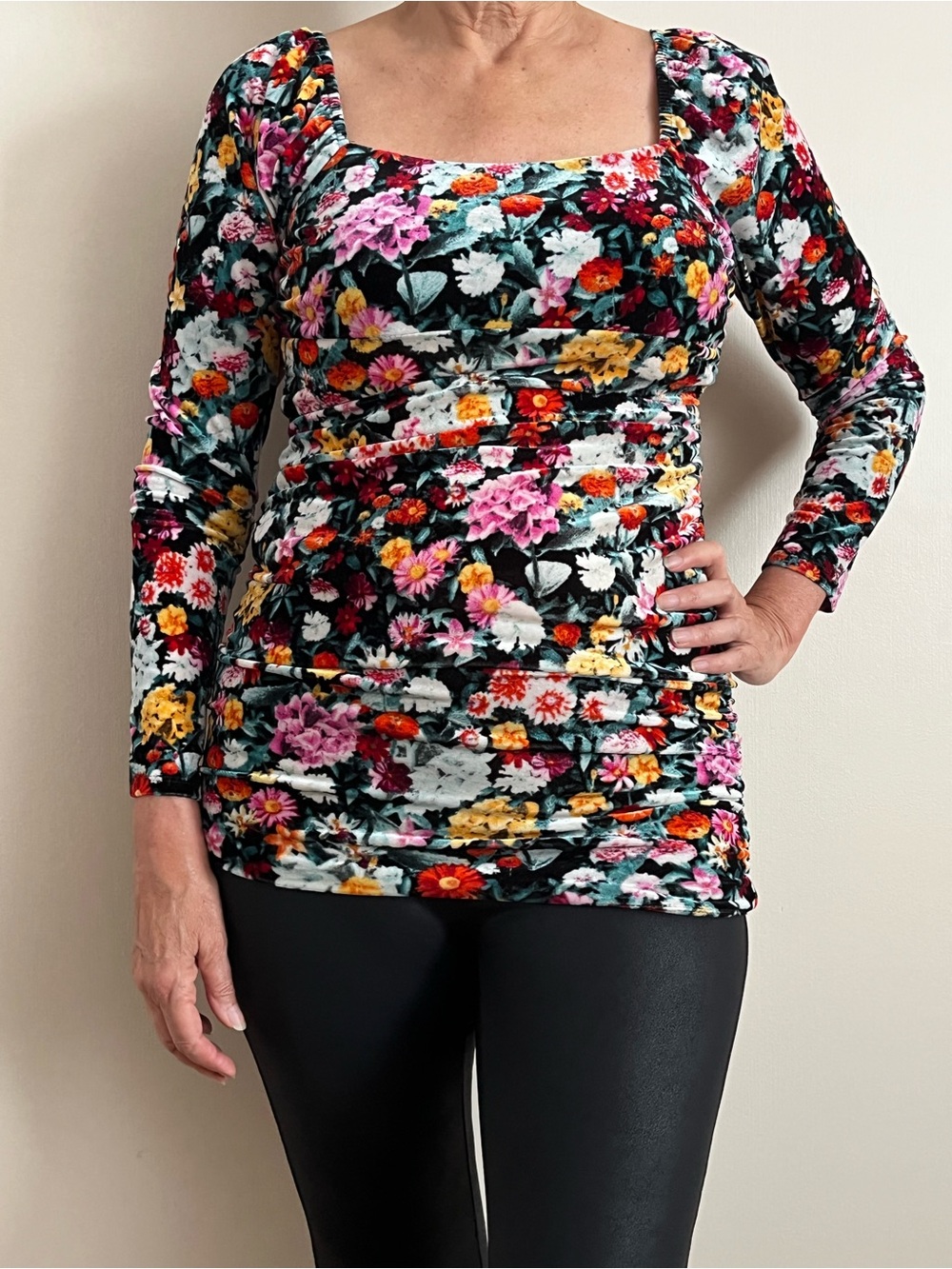 wild fable Black Multicolor Floral Square-Neck Long Sleeve Top